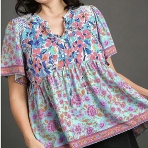 Umgee 1XL Mixed Floral Print Top NWOT Smocking And Ruffle Detail
